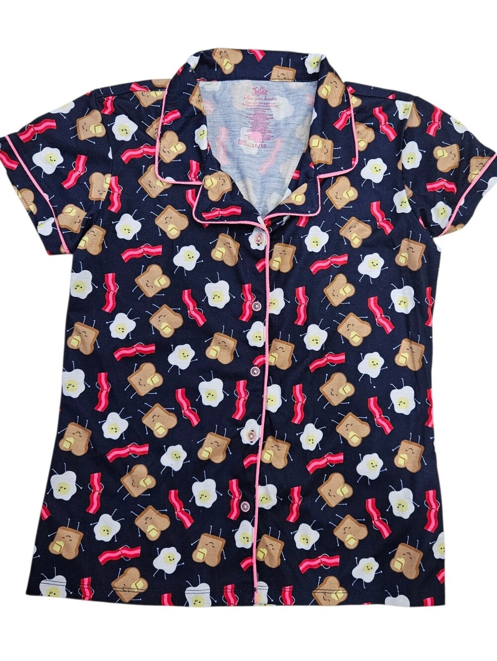Justice Bacon Eggs Toast Faces Anthropomorphic  Pajama Top Button Front Sz 16/18